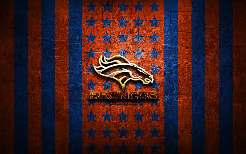 Denver Broncos flag, NFL, blue orange metal background, american football team, Denver Broncos logo, USA, american football, golden logo, Denver Broncos, HD wallpaper