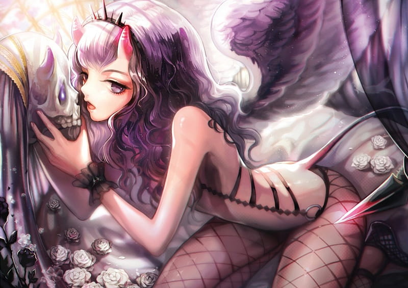 Demonic Games, pretty, game, bonito, horns, lights, succubus, nice, anime, flowers, beauty, anime girl, terong, purple eyes, long hair, game cg, female, wings, tail, purple hair, sexy, roses, demon, cool, awesome, skull, devil, HD wallpaper