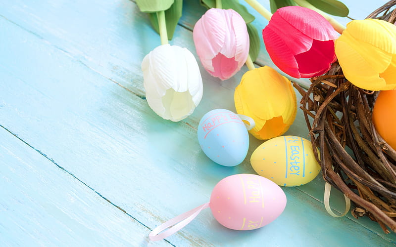 Easter, spring, colorful tulips, easter eggs, decoration, Happy Easter, HD wallpaper