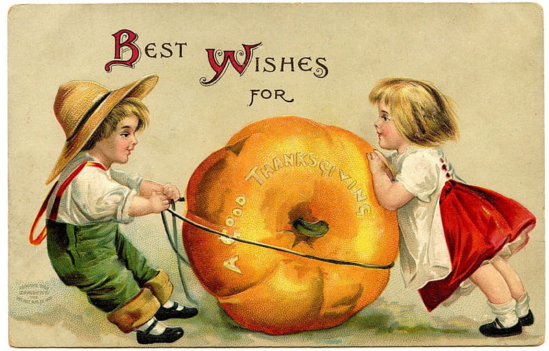 Best Wishes for Thanksgiving, boy, girl, pumpkin, children, artwork, vintage, HD wallpaper