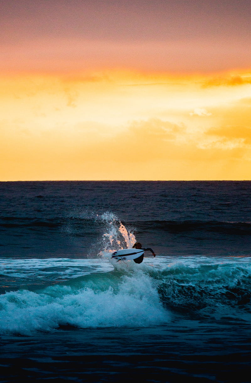 surfer, surfing, wave, horizon, sunset, HD phone wallpaper