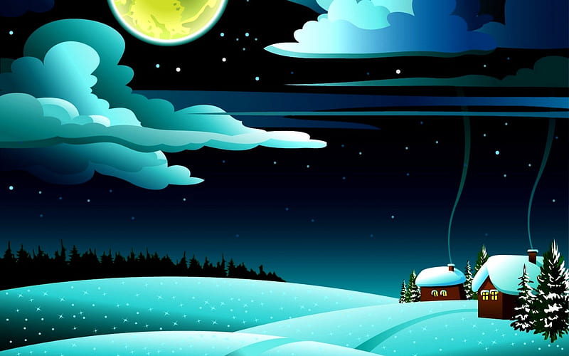 WINTER WONDER LAND, hills, full moon and clouds, snow, houses, woods, trees, smoke, landscape, HD wallpaper