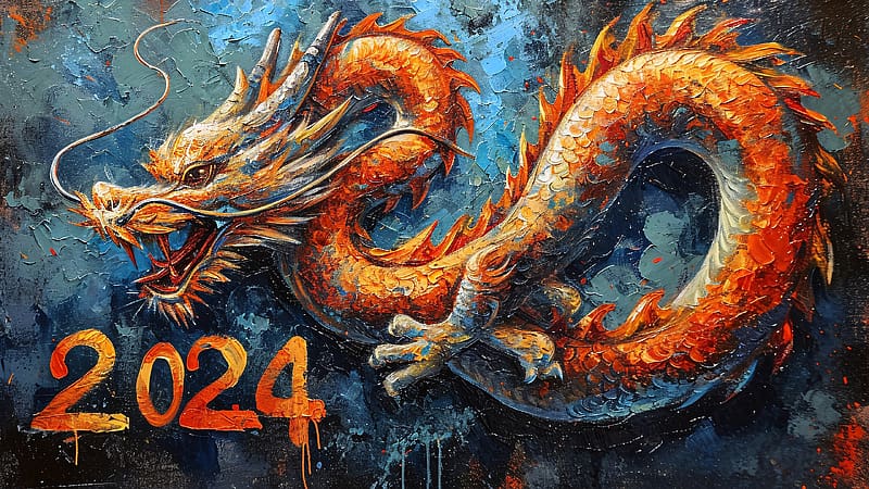 Chinese Zodiac ~ Dragon, dragon, 2024, chinese zodiac, card, new year, blue, art, orange, fantasy, zodiac, HD wallpaper