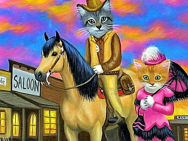 Cat paint the town. Bridget Voth художник. Новогодние котики художник Bridget Voth. Бриджит Вос коты. Лошади с кошками нарисованные.