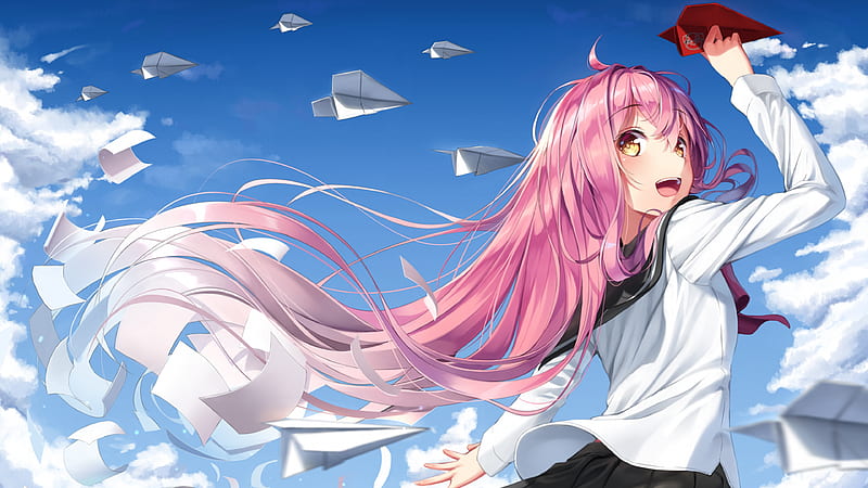 anime school girl, pink hair, clouds, back view, paper planes, Anime, HD wallpaper
