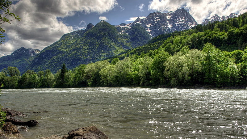 wonderful salzach river in austria r, rocks, mountains, river, r, forests, clouds, HD wallpaper