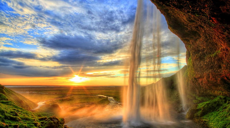 exceptional cave waterfall at sunset r, waterfall, cliff, r, sunset, clouds, cave, HD wallpaper