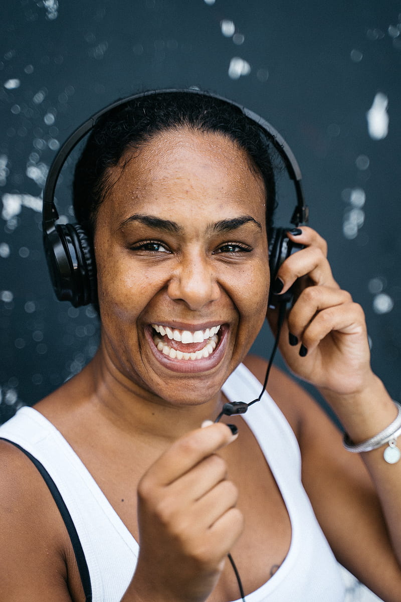 Woman in White Tank Top Wearing Black Headphones, HD phone wallpaper