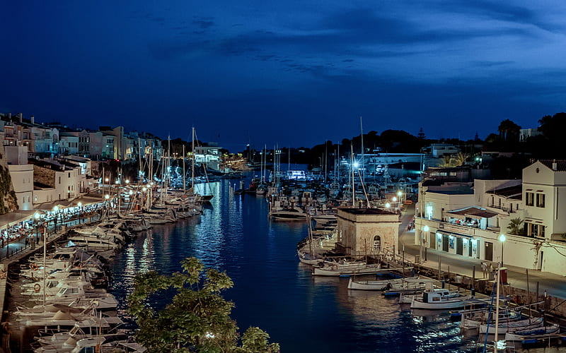 Menorca, island, bay, evening, white yachts, Mediterranean Sea, Spain, HD wallpaper