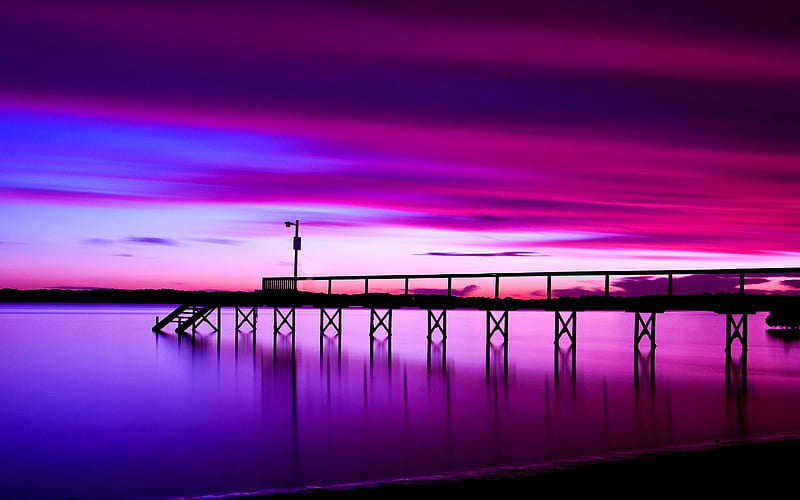 Red sunset, ocean, pier, bonito, sunset, sea, beach, rose, water, bridge, evening, outdoor, HD wallpaper