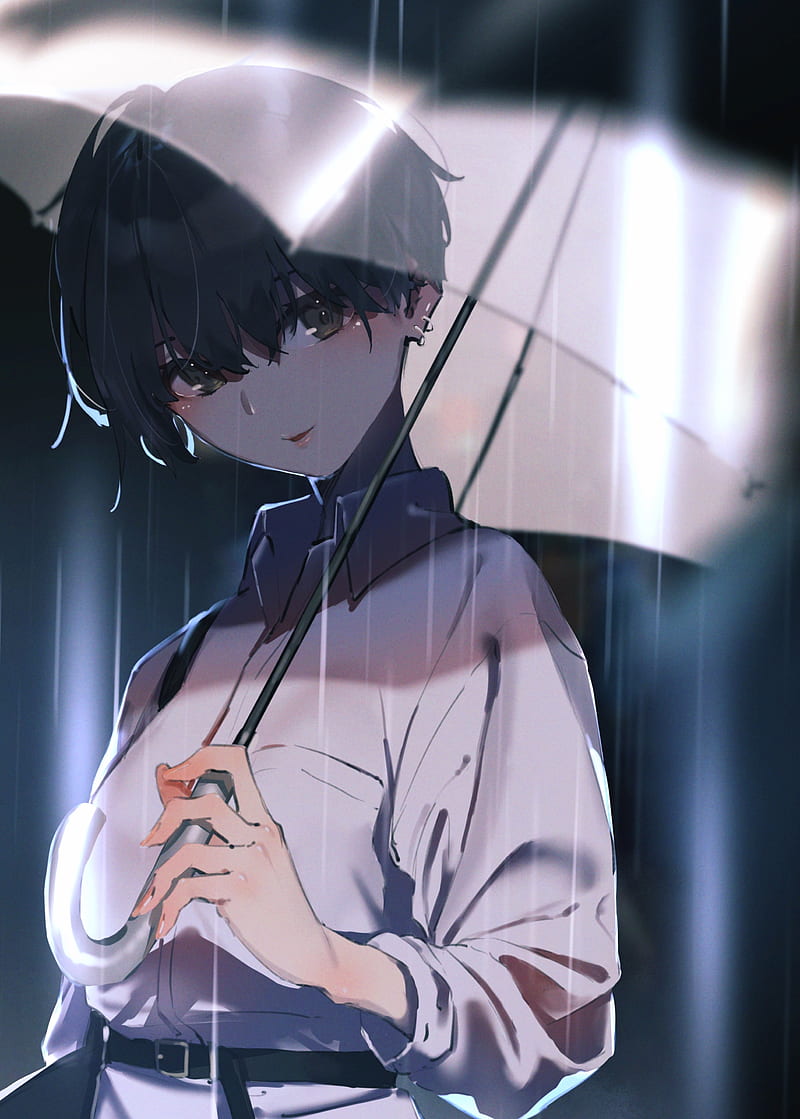 anime girl, raining, umbrella, short hair, earrings, Anime, HD phone wallpaper