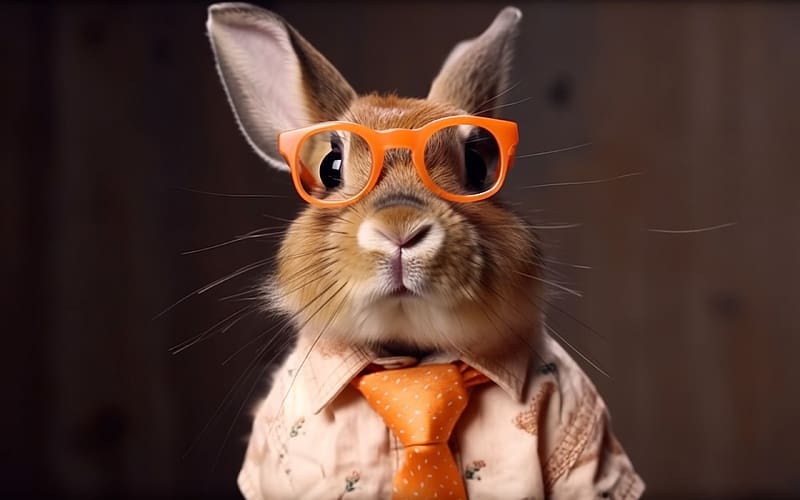 Bunny, neuroset, fantasy, face, glasses, orange, rabbit, tie, funny, easter, HD wallpaper