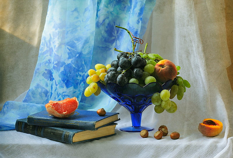 bookrest, fruit, table, hazelnuts, books, orange, cloth, vase grapes, drape, HD wallpaper