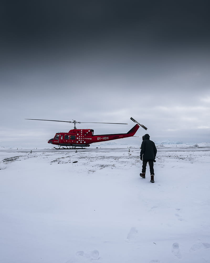 helicopter, man, snow, winter, HD phone wallpaper