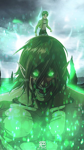 Eren Yeager Titan, snk, titan shifter, attack on titan, green, aot, eren yeager, shingeki no kyojin, titan form, anime, HD phone wallpaper