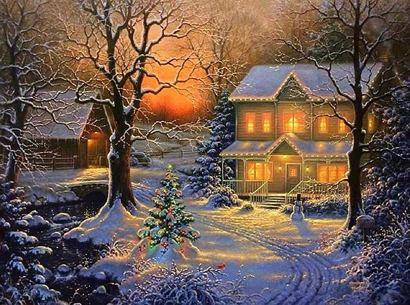 ★Holiday Blessings★, Christmas, christmas tree, holidays, New Year, houses, love four seasons, creative pre-made, snowman, xmas and new year, winter, paintings, snow, winter holidays, HD wallpaper