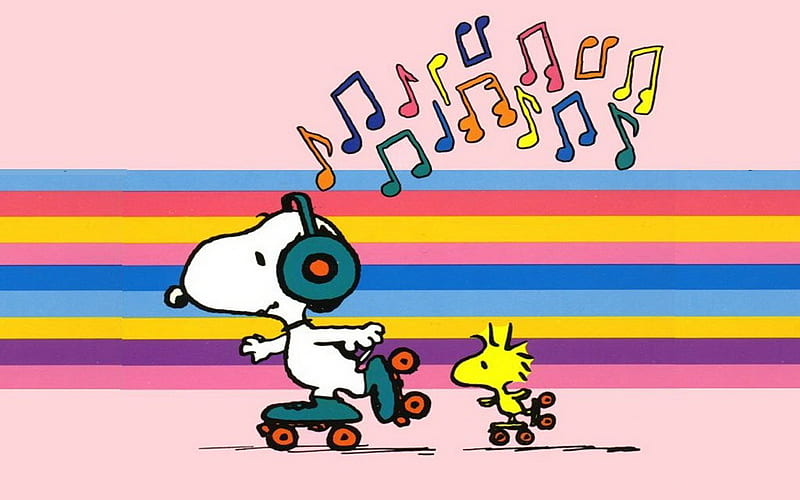Music, Cartoon, Comics, Peanuts, Snoopy, Woodstock (Peanuts), Roller Skating, HD wallpaper