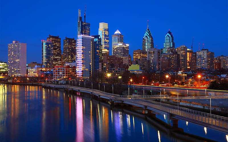 Philadelphia, Pennsylvania, cityscape, evening, city lights, city line, skyscrapers, USA, HD wallpaper