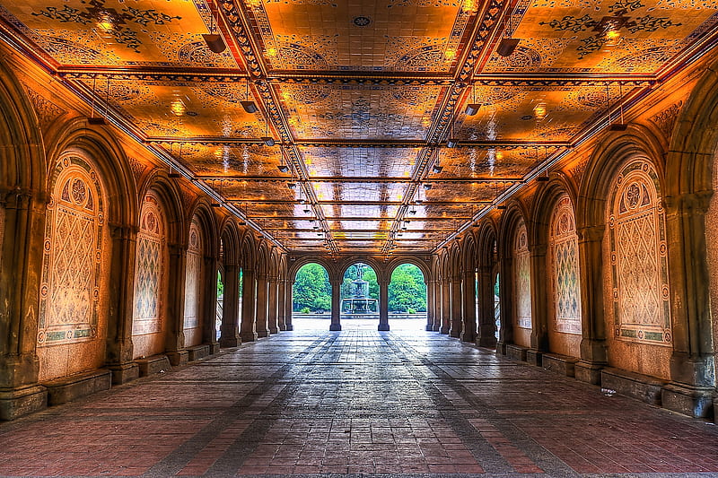 Early morning view under Bethesda Terrace, Central Park, NYC, usa, hall, building, pillars, new york, fountains, HD wallpaper