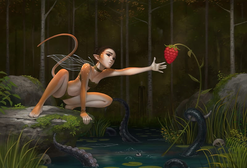 Fairy, forest, mario vazquez, red, fruit, fantasy, strawberry, girl, dark, HD wallpaper
