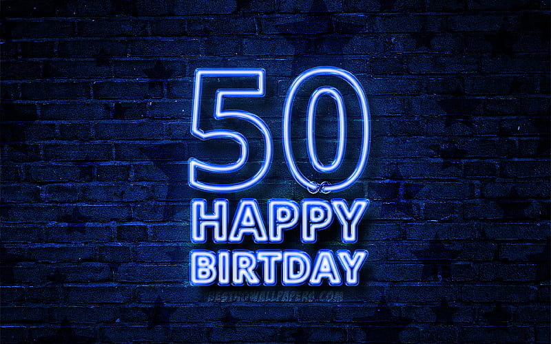 Happy 50 Years Birtay blue neon text, 50th Birtay Party, blue brickwall, Happy 50th birtay, Birtay concept, Birtay Party, 50th Birtay, HD wallpaper