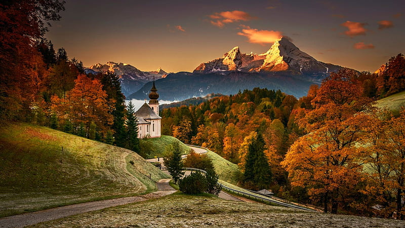 Church Maria Gern and Mount Watzmann, Bavarian Alps, fall, germany, autumn, landscape, trees, colors, road, HD wallpaper