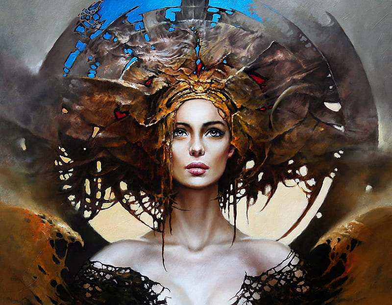 Fantasy girl by Karol Bak, girl, art, karol bak, fantasy, painting, face, pictura, HD wallpaper