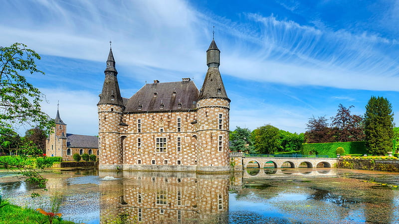 Moated Jehay Castle, Belgium, belgium, bridge, castle, moat, HD wallpaper
