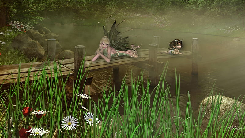 Fairy's Foggy Pond, mystical, foggy, grass, sexy, lake, fog, mist, pond, cute, fantasy, dock, whimsical, fairies, flowers, misty, river, HD wallpaper