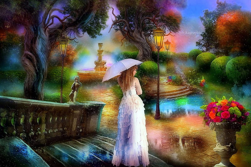 ~Rainy Day in Memories~, rocks, pretty, stairs, water pool, vase, attractions in dreams, bonito, digital art, landscapes, flowers, girls, scenery, butterfly designs, lanterns, models, lovely, love four seasons, creative pre-made, Baroque Castle, abstract, pond, mixed media, weird things people wear, backgrounds, nature, lady, HD wallpaper
