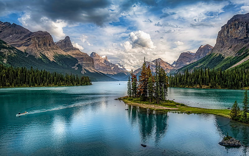Maligne Lake, summer, R, Jasper National Park, mountains, Alberta, Canada, beautiful nature, HD wallpaper