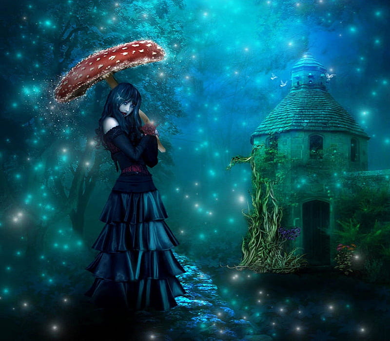 ✫Marvel Rain✫, pretty, house, mushroom, attractions in dreams, bonito, digital art, rains, giltters, hair, fantasy, beautiful girls, skirts, manipulation, flowers, vines, stars, lovely, model, love four seasons, creative pre-made, butterflies, girl, magical, weird things people wear, backgrounds, HD wallpaper