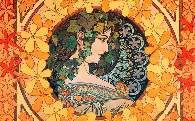 The girl with ivy, art, alfons maria mucha, girl, orange, ivy, HD wallpaper