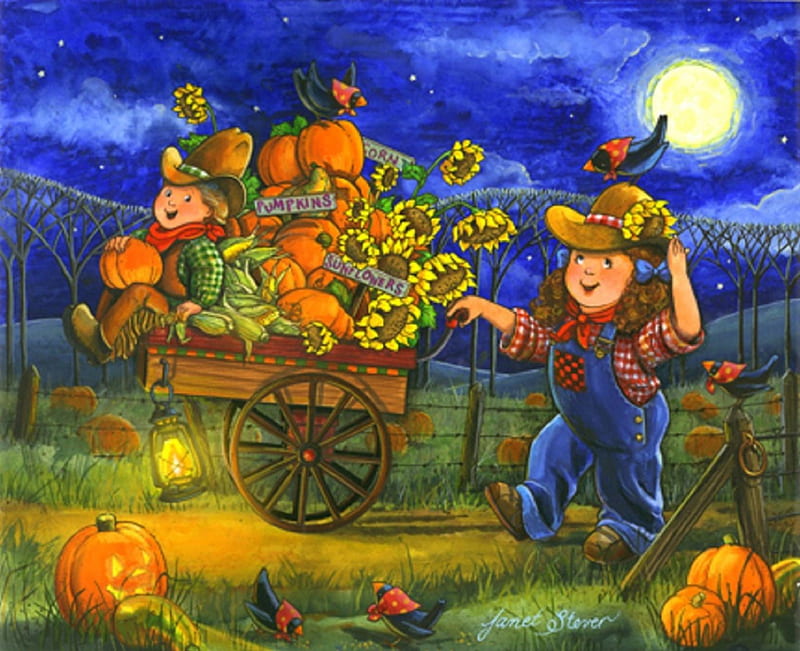 ★Harvest Cart★, pretty, autumn, children, cart, bonito, paintings, sunflowers, moons, harvest, fall season, lovely, crows, colors, love four seasons, fun, creative pre-made, halloweens, gardens, weird things people wear, nature, pumpkins, HD wallpaper