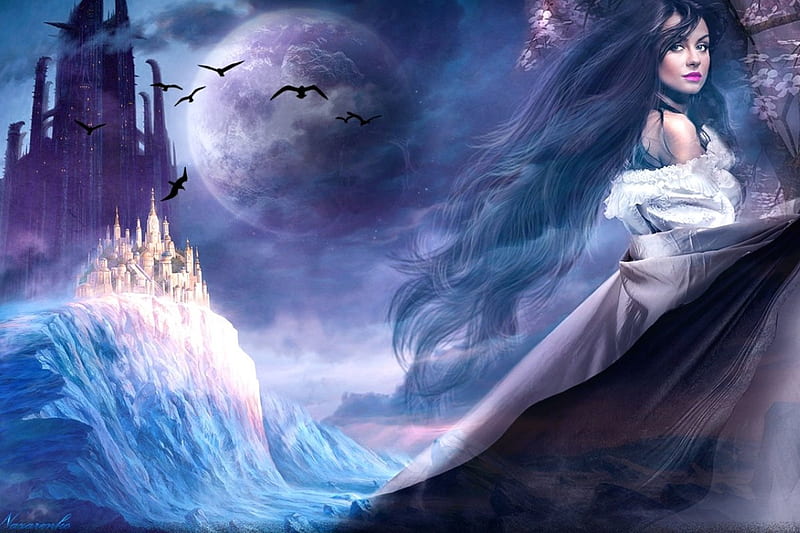 Mystic Lady, foggy, fantasy lady, Moon, Magical, blues, castle, Gothic, dark, HD wallpaper