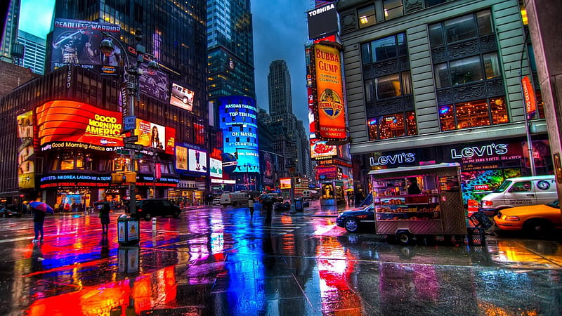 rain on times square in new york city r, city, r, evening, rain, streets, lights, skyscrapers, HD wallpaper