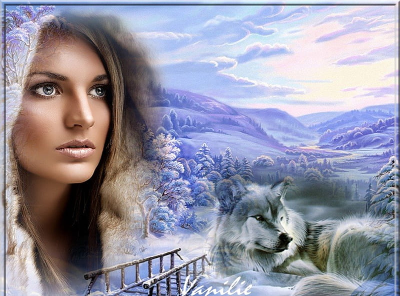 Fantasy Landscape, girl, bridge, mountains, nature, wolf, artwork, HD ...