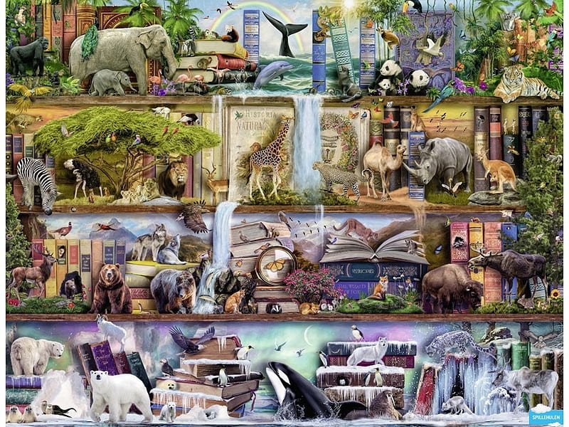 Wild kingdom shelves, kingdom, wild, fantasy, shelf, shelves, aimee stewart, animal, HD wallpaper