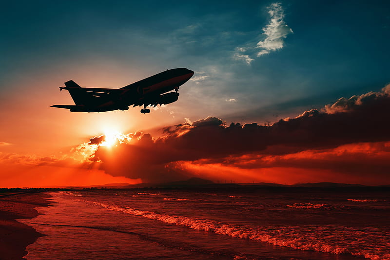 Airplane Flying Over Beach Shore Sunset , airplane, planes, sunset, beach, shore, graphy, HD wallpaper