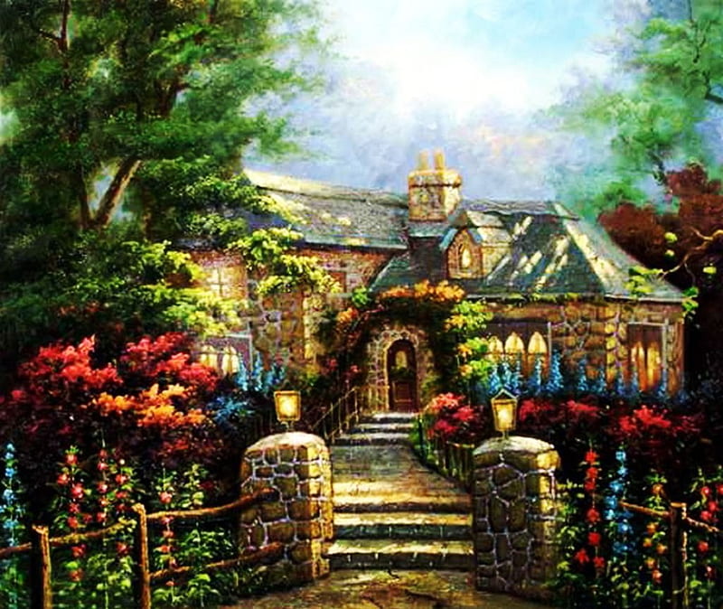 Cottage, house, flowers, stairs, garden, trees, artwork, door, HD wallpaper