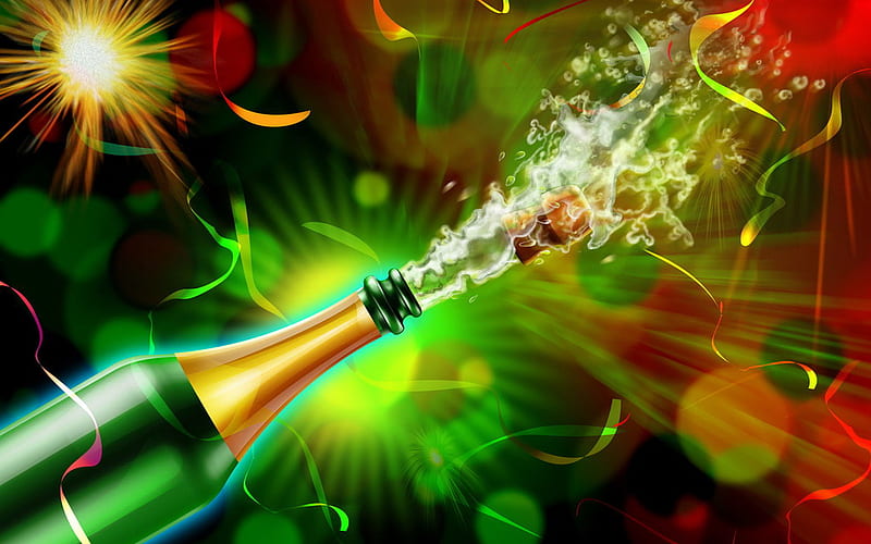 Celebration Time, coloured lights, streamers, champage bottle, celebration, HD wallpaper