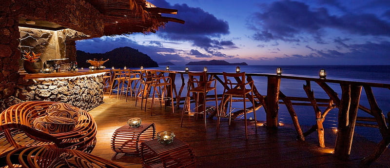 Panorama of Beach Bar, polynesia, islands, exotic, view, ocean, bar, sunset, sea, panorama, beach, paradise, evening, island, tropical, HD wallpaper