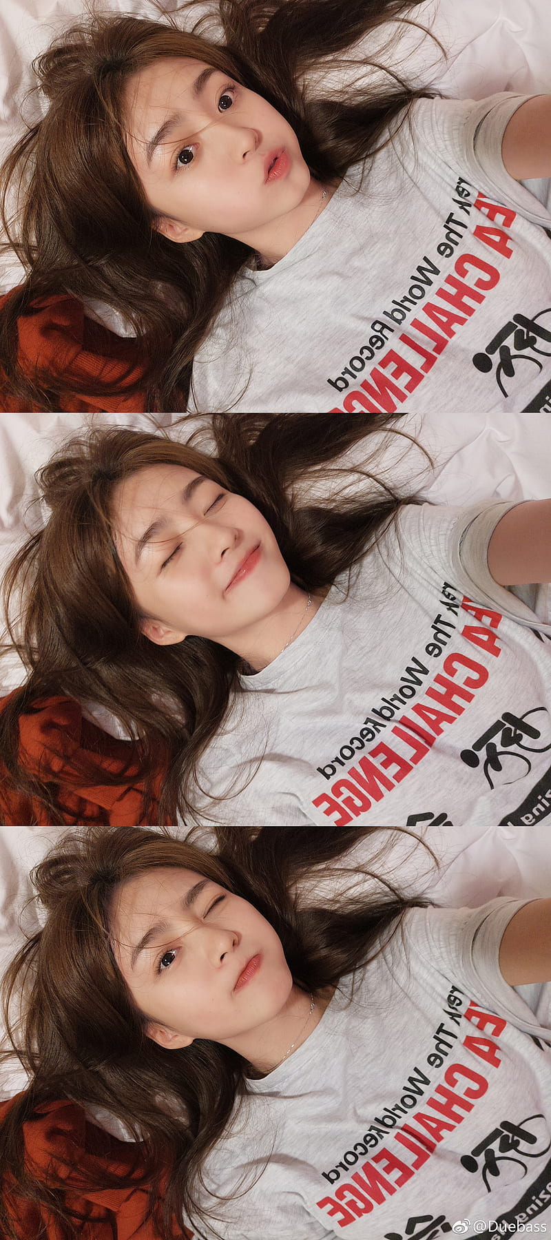 Chinese, Duebass, T-shirt, smiling, closed eyes, long hair, red lipstick, HD phone wallpaper