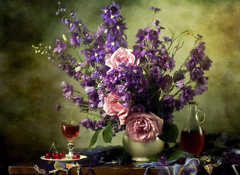 Pastel Still, table, brandy, carafe, cloth, cherries, purple flowers, roses, pink roses, still life, plate, goblet, HD wallpaper
