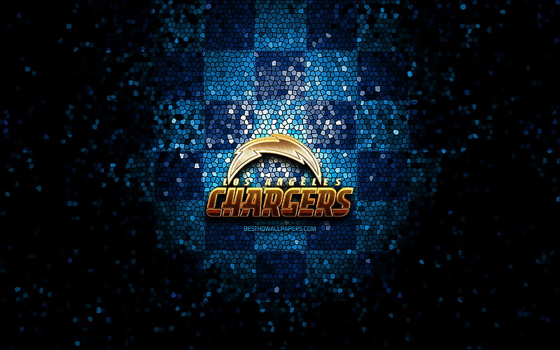 Los Angeles Chargers, glitter logo, NFL, blue checkered background, USA, american football team, Los Angeles Chargers logo, mosaic art, american football, America, LA Chargers, HD wallpaper