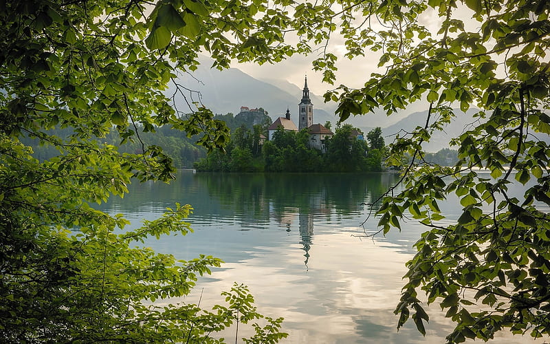 Lake Bled, evening, island, Slovenia, Europe, HD wallpaper