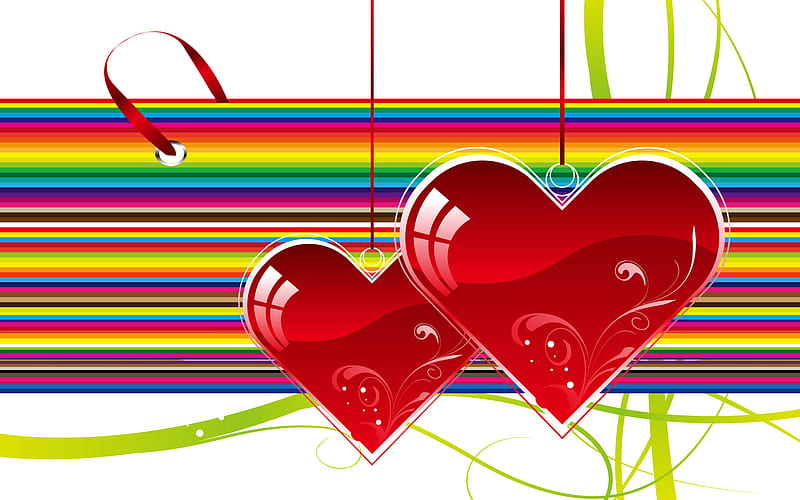 Two hearts, red, 3d, love, rainbow, corazones, HD wallpaper