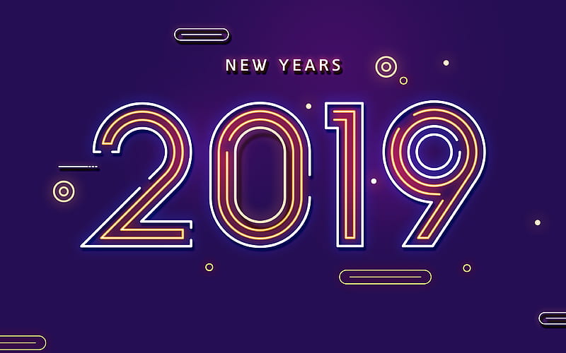 2019 neon digits creative, 2019 concepts, purple background, 2019 year, Happy New Year 2019, HD wallpaper