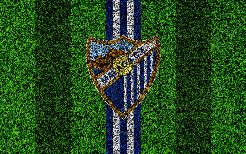 Malaga FC logo, football lawn, Spanish football club, blue white lines, grass texture, emblem, La Liga, Malaga, Spain, football, Malaga CF, HD wallpaper