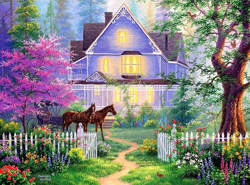 Victorian Evening, nature, architecture, fence, houses, home, love four seasons, attractions in dreams, spring, horse carriages, paintings, garden, flowers, summer, HD wallpaper